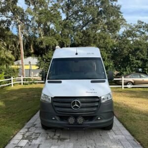 Front exterior view of 2023 Mercedes Sprinter fiberglass camper