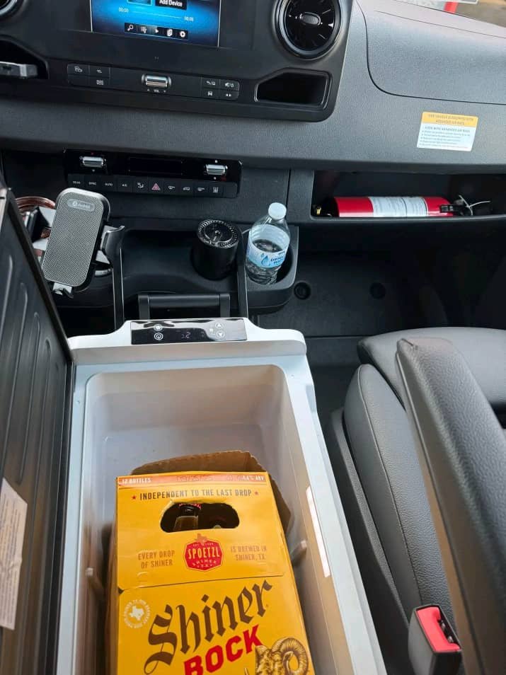 Interior cooler inside Sprinter 2500 passenger van