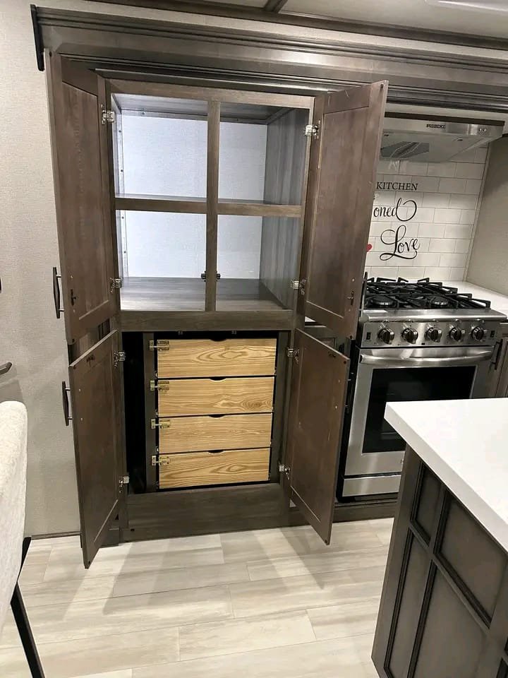 RV kitchen drawers with upgraded storage and trash pullout