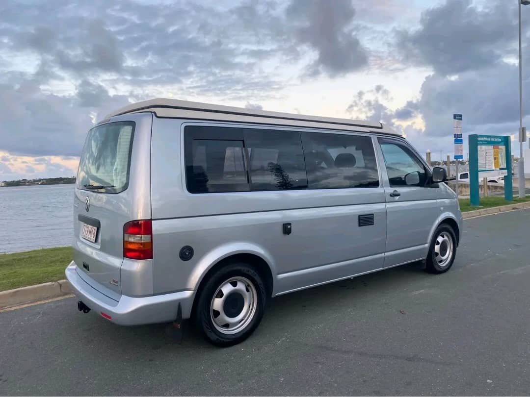 Left rear exterior view of VW Transporter campervan