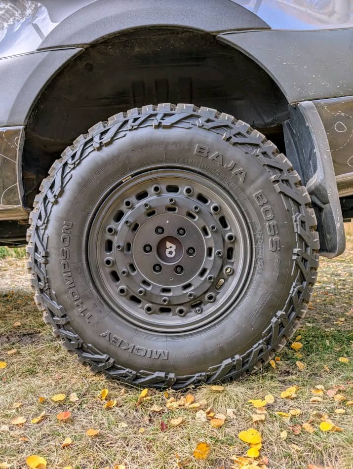 Lifted Sprinter with 35-inch all-terrain tires close-up