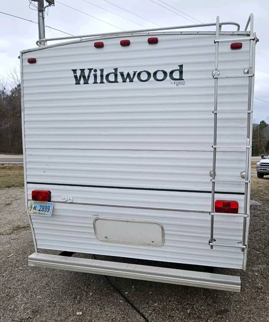 Rear exterior of the Forest River Wildwood 32ft bunkhouse.