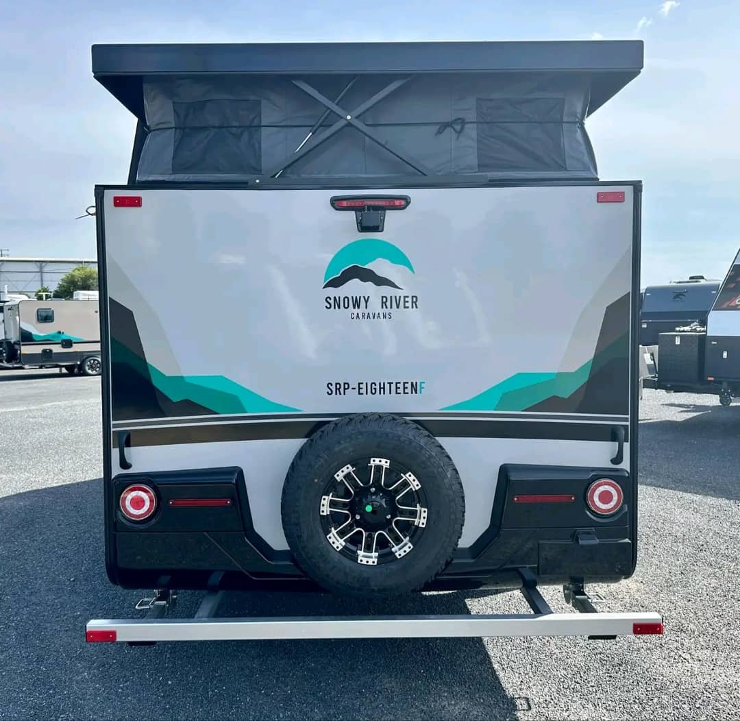Rear exterior of caravan with spare tyre
