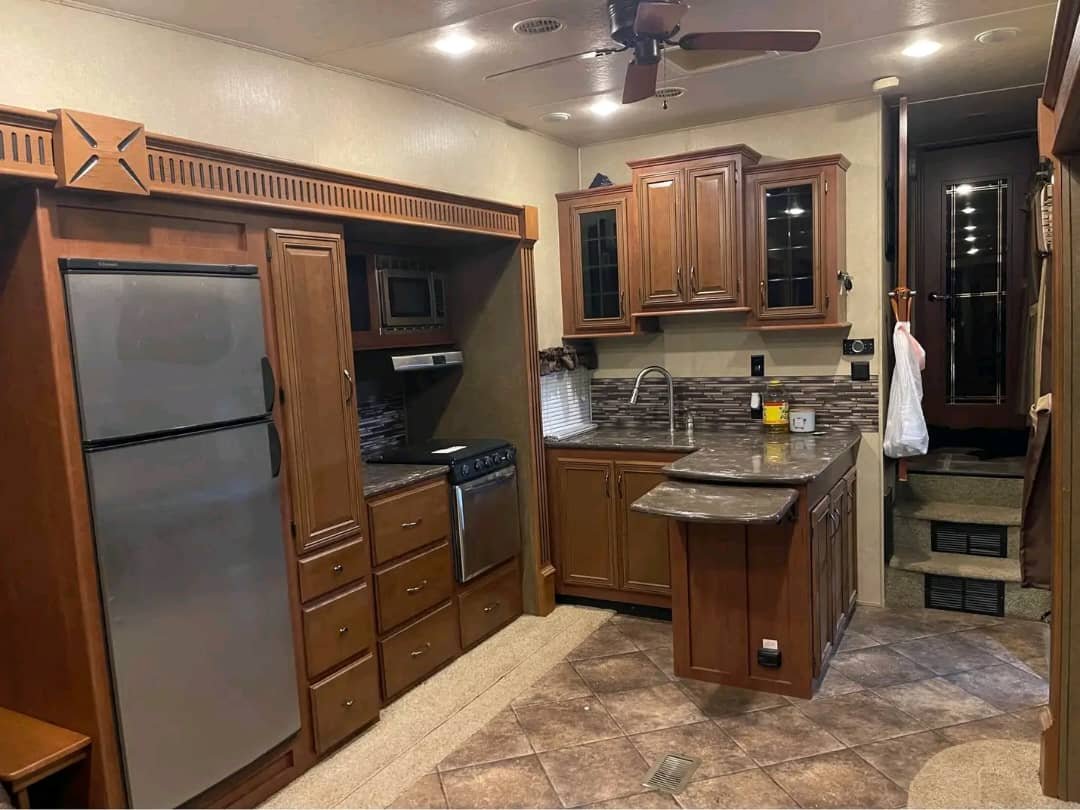Spacious residential-style interior of luxury motorhome