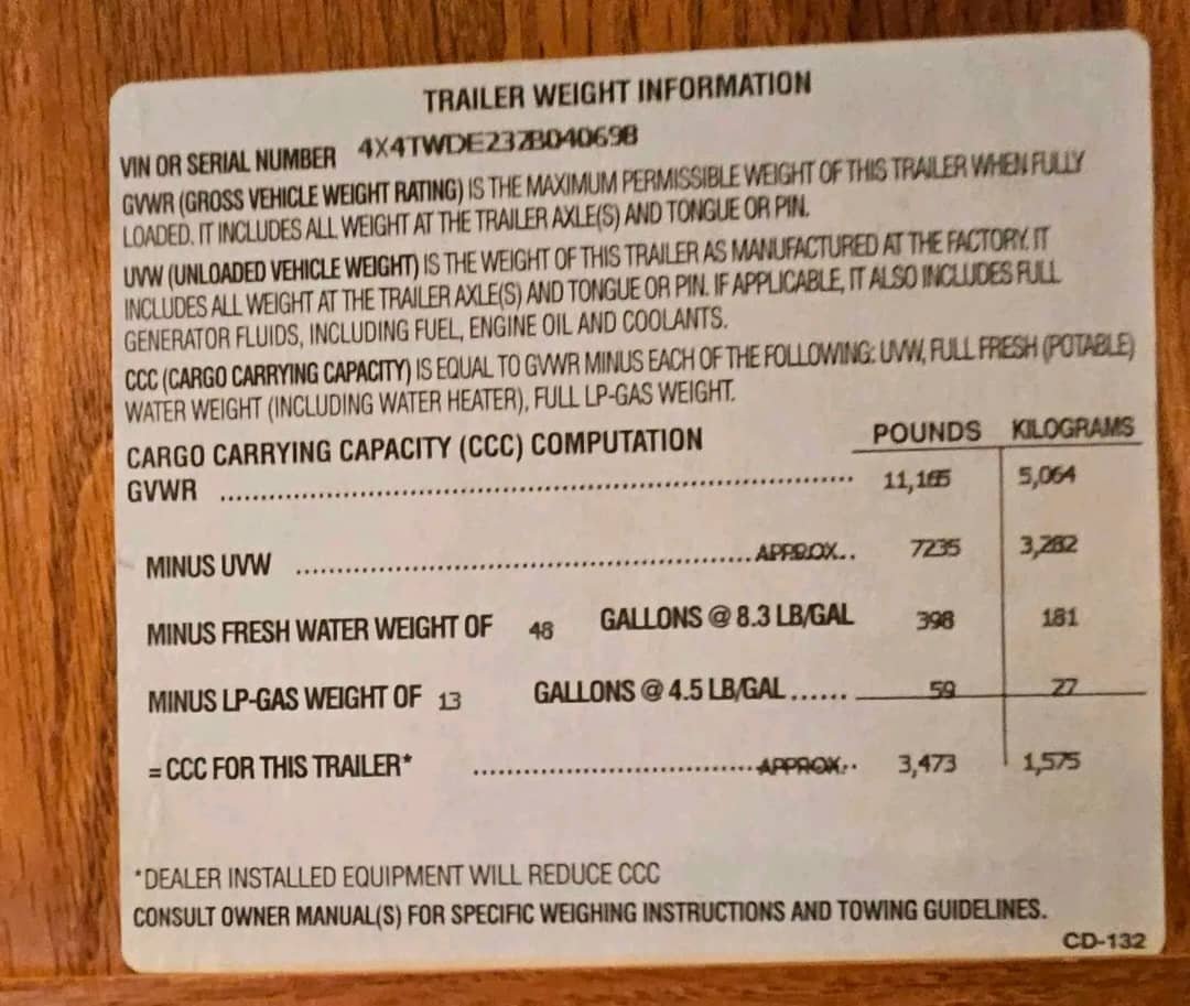 Specification label for the Forest River Wildwood 32ft trailer.