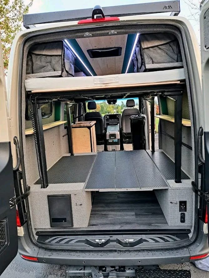 Upper bed lifted for storage inside Mercedes-Benz Sprinter