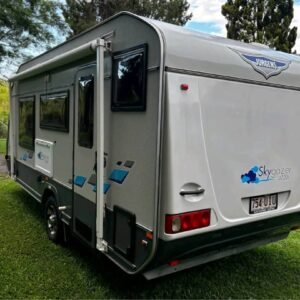 Rear left angled view of Jergens Skygazer 18ft caravan