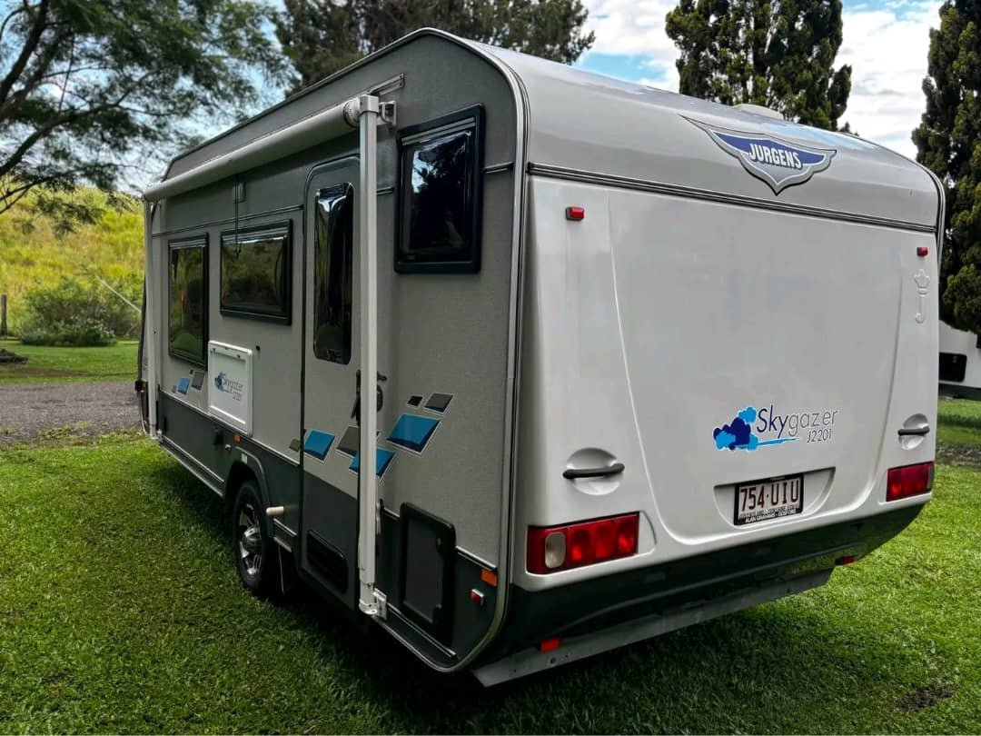 Rear left angled view of Jergens Skygazer 18ft caravan