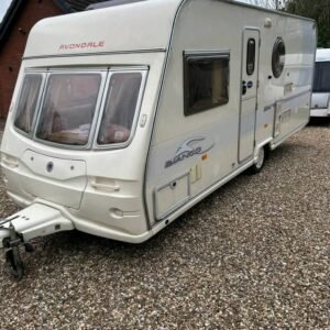 Angled left front exterior view of Avondale Bianco best caravan models for families
