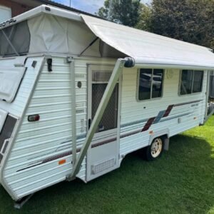 Coromal Seka 505 awning extended with tow hitch and electric brakes