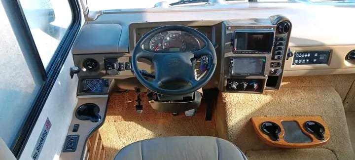Cockpit and driver controls in Fleetwood Bounder motorhome