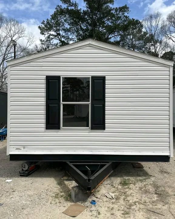 Hitch and tongue front view of single wide manufactured home