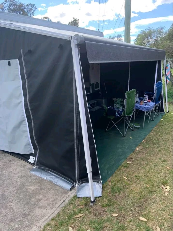 External kitchen and dining setup on New Age caravan