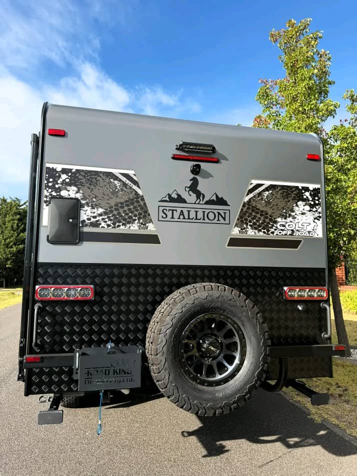 Rear exterior view of Stallion Colt caravan with spare wheel