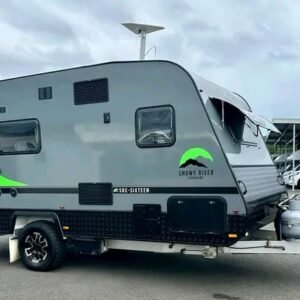 Side profile of Snowy River SRC-16 with awning extended and single axle rv trailer