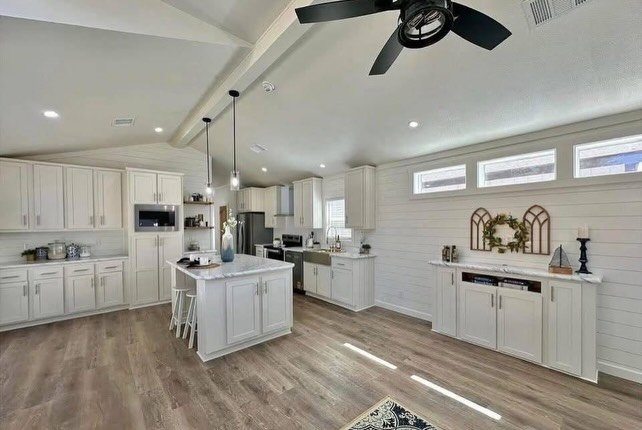 Open-concept living area in mobile home