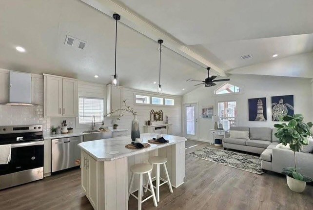Open shelving in modern manufactured home kitchen
